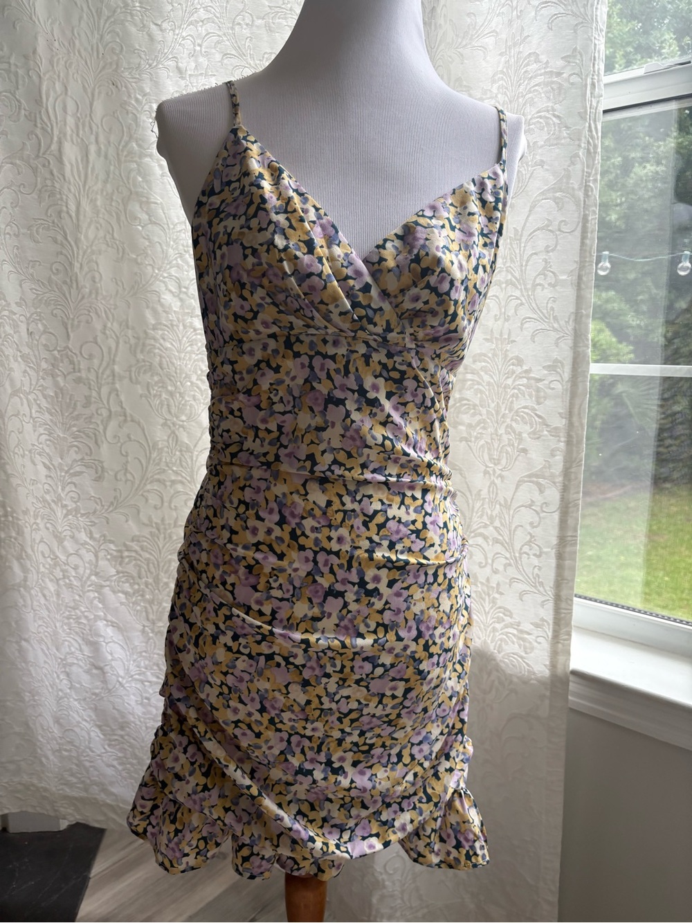 Storia Lavender & Yellow Floral Wrap-Style Spaghetti Strap Mini Dress